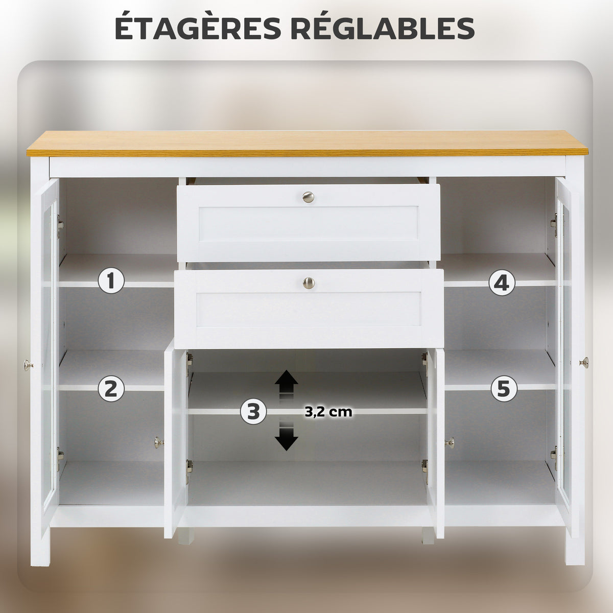 Buffet salon, meuble de rangement avec 1 placard double porte, 2 placards à porte vitrée, 2 tiroirs et étagère réglable, style moderne, buffet salle à manger et cuisine, 120x40x90cm, blanc-4