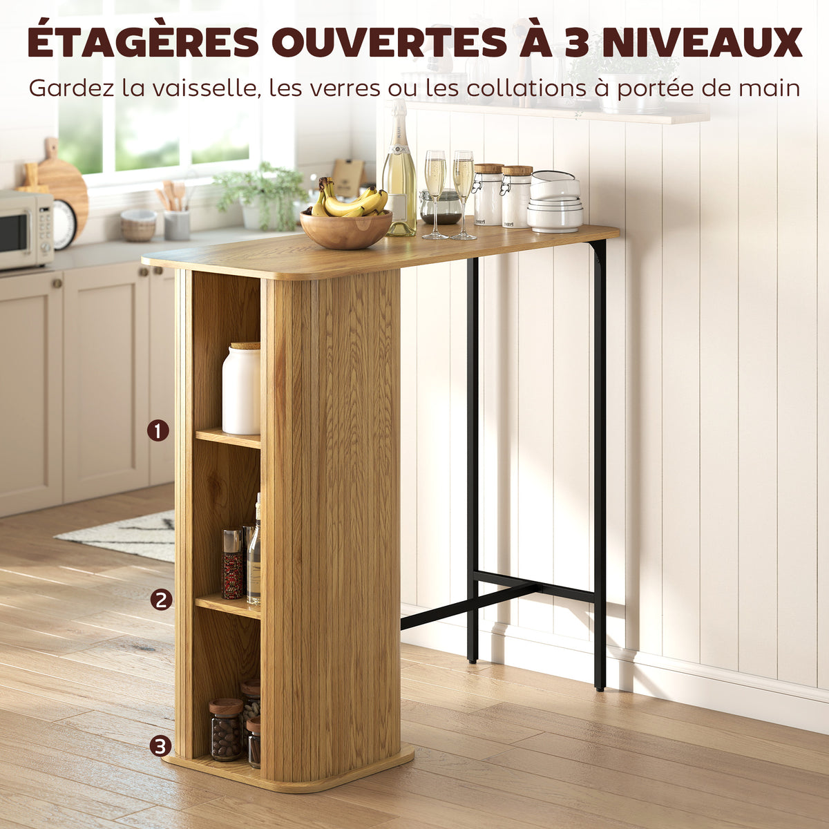 Table Haute Mange Debout, Table de Bar avec 3 Étagères de Rangement et Pieds en Métal, 112x50x106cm, Bois Naturel-3