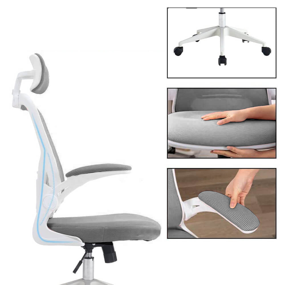 Ergonomická kancelárska stolička s bedrovou opierkou, opierkou hlavy, sivá-3