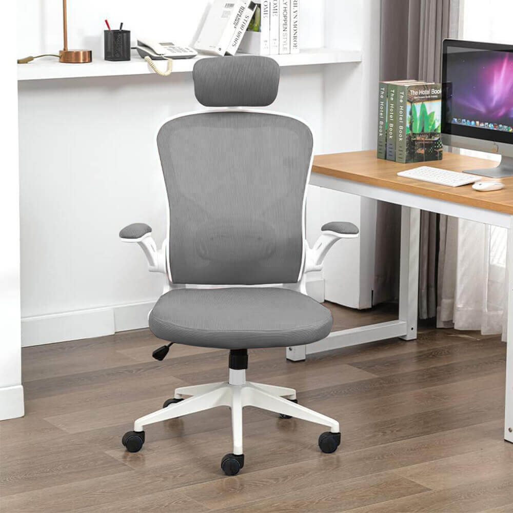 Ergonomická kancelárska stolička s bedrovou opierkou, opierkou hlavy, sivá-4