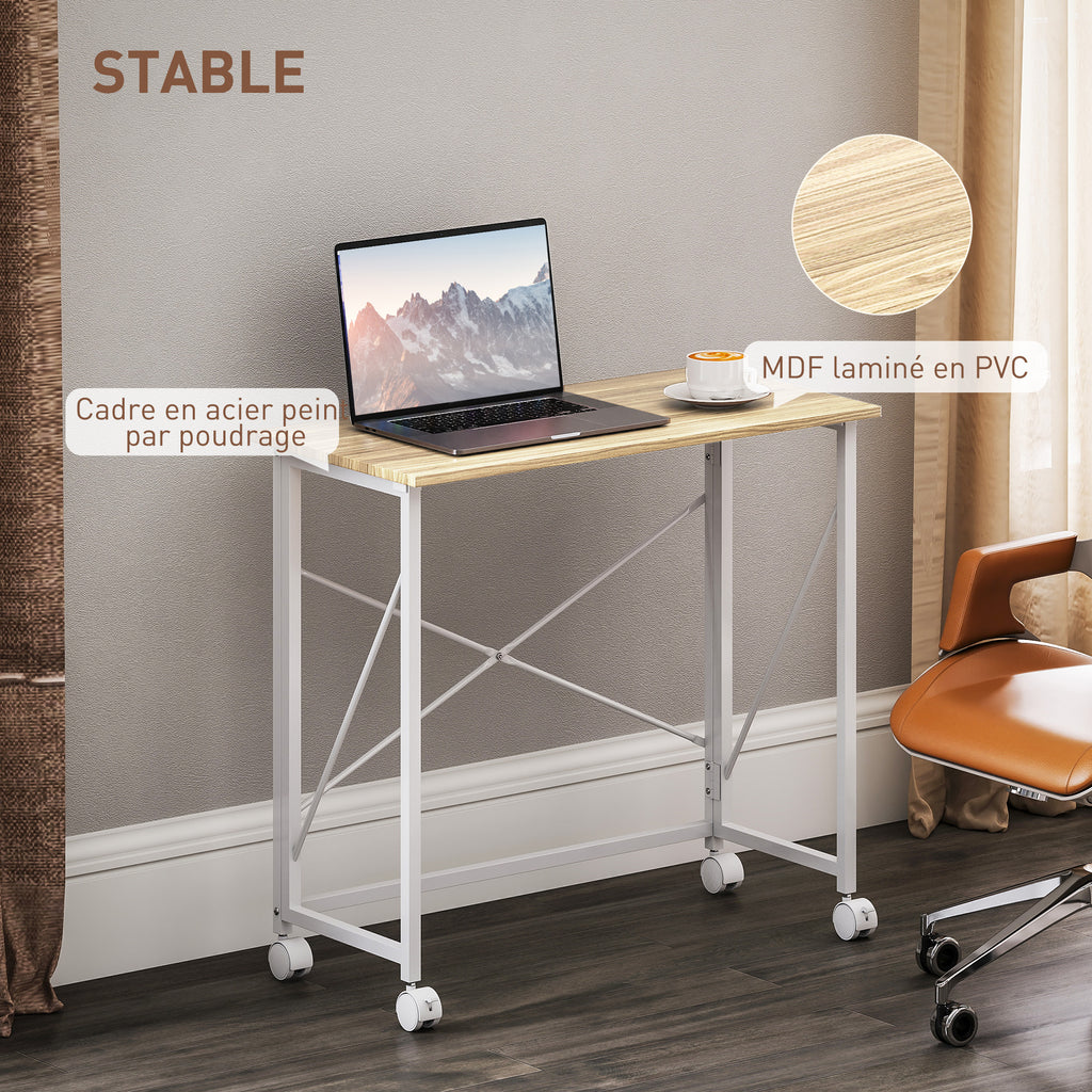 Bureau pliant table d'ordinateur 80 x 40 cm sur roulettes pour bureau à domicile, chambre, petits espaces, chêne-5