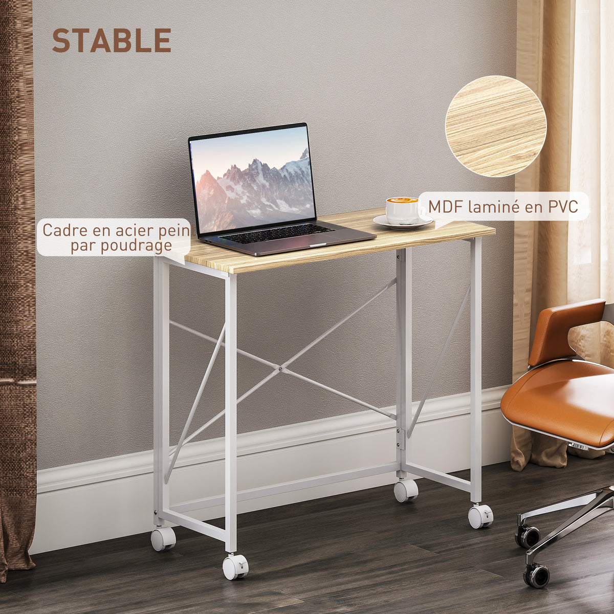 Bureau pliant table d'ordinateur 80 x 40 cm sur roulettes pour bureau à domicile, chambre, petits espaces, chêne-5