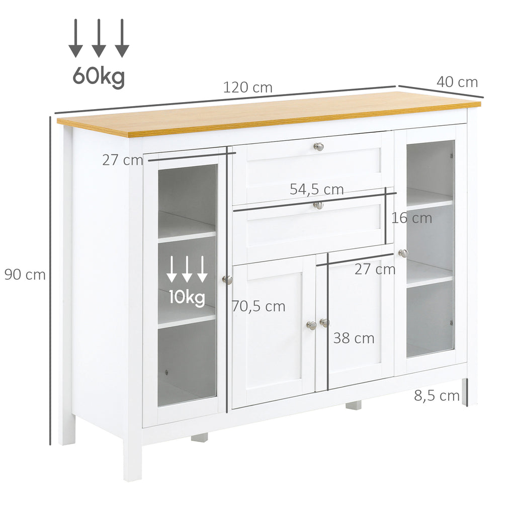 Buffet salon, meuble de rangement avec 1 placard double porte, 2 placards à porte vitrée, 2 tiroirs et étagère réglable, style moderne, buffet salle à manger et cuisine, 120x40x90cm, blanc-2