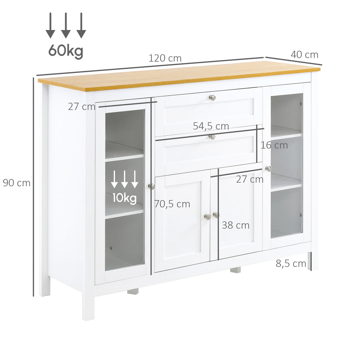 Buffet salon, meuble de rangement avec 1 placard double porte, 2 placards à porte vitrée, 2 tiroirs et étagère réglable, style moderne, buffet salle à manger et cuisine, 120x40x90cm, blanc-2