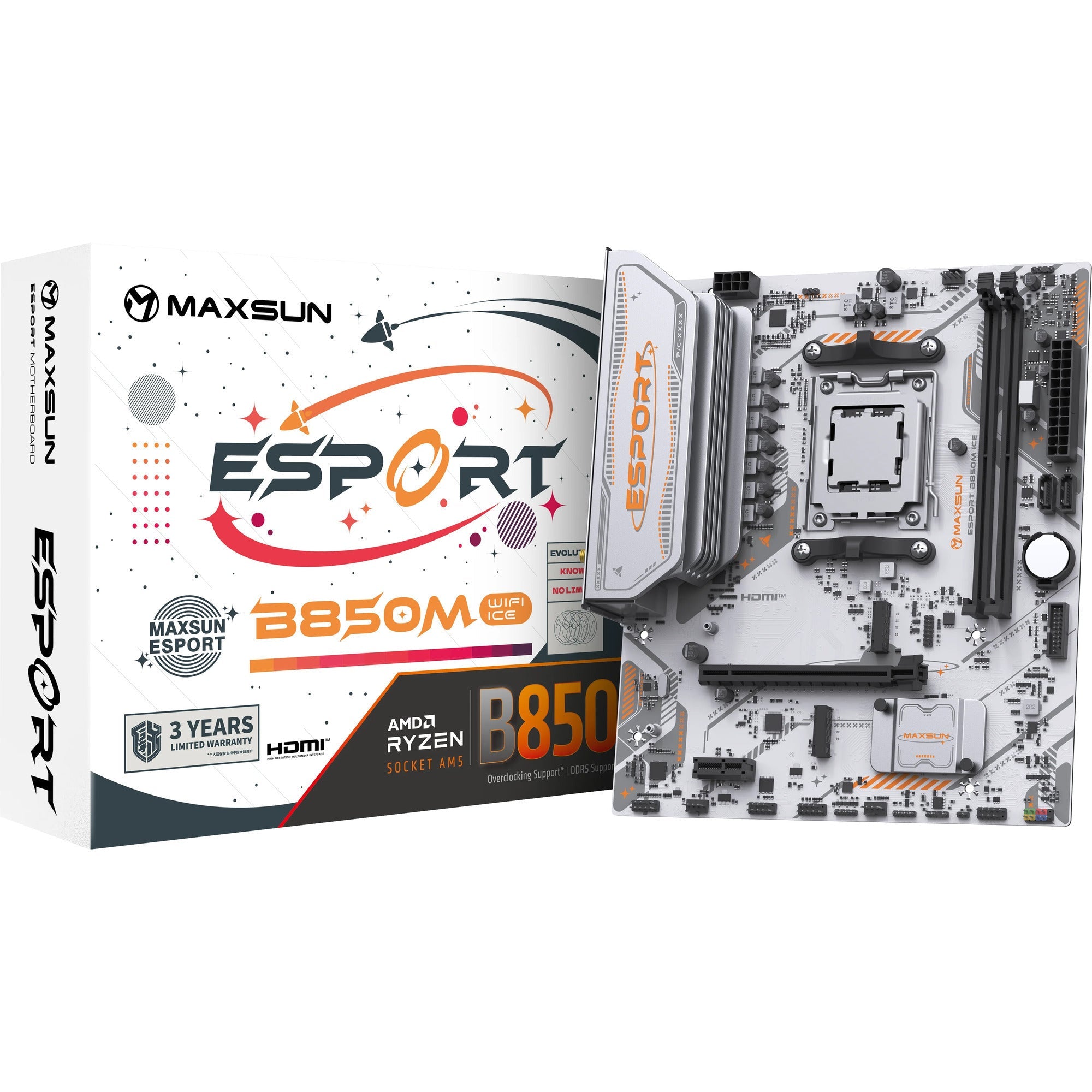 Maxsun MS-Esport B850M WiFi Ice Socket AM5 Motherboard (white, RAID, Gb-LAN, WLAN, BT, Sound, µATX)-0