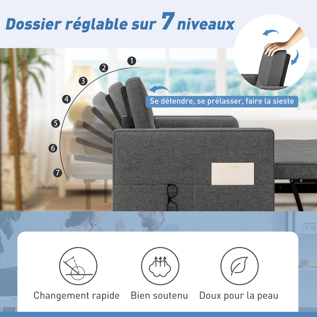 Canapé convertible 2 places 3 en 1 canapé-lit avec lit gigogne double dossier réglable 2 coussins 80,5x137,5x84cm gris-4