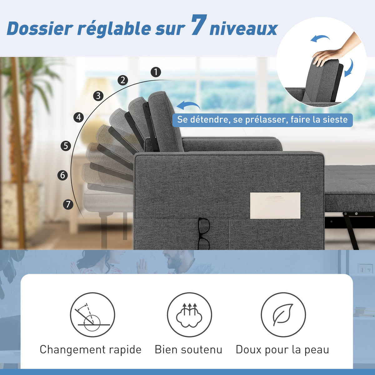 Canapé convertible 2 places 3 en 1 canapé-lit avec lit gigogne double dossier réglable 2 coussins 80,5x137,5x84cm gris-4