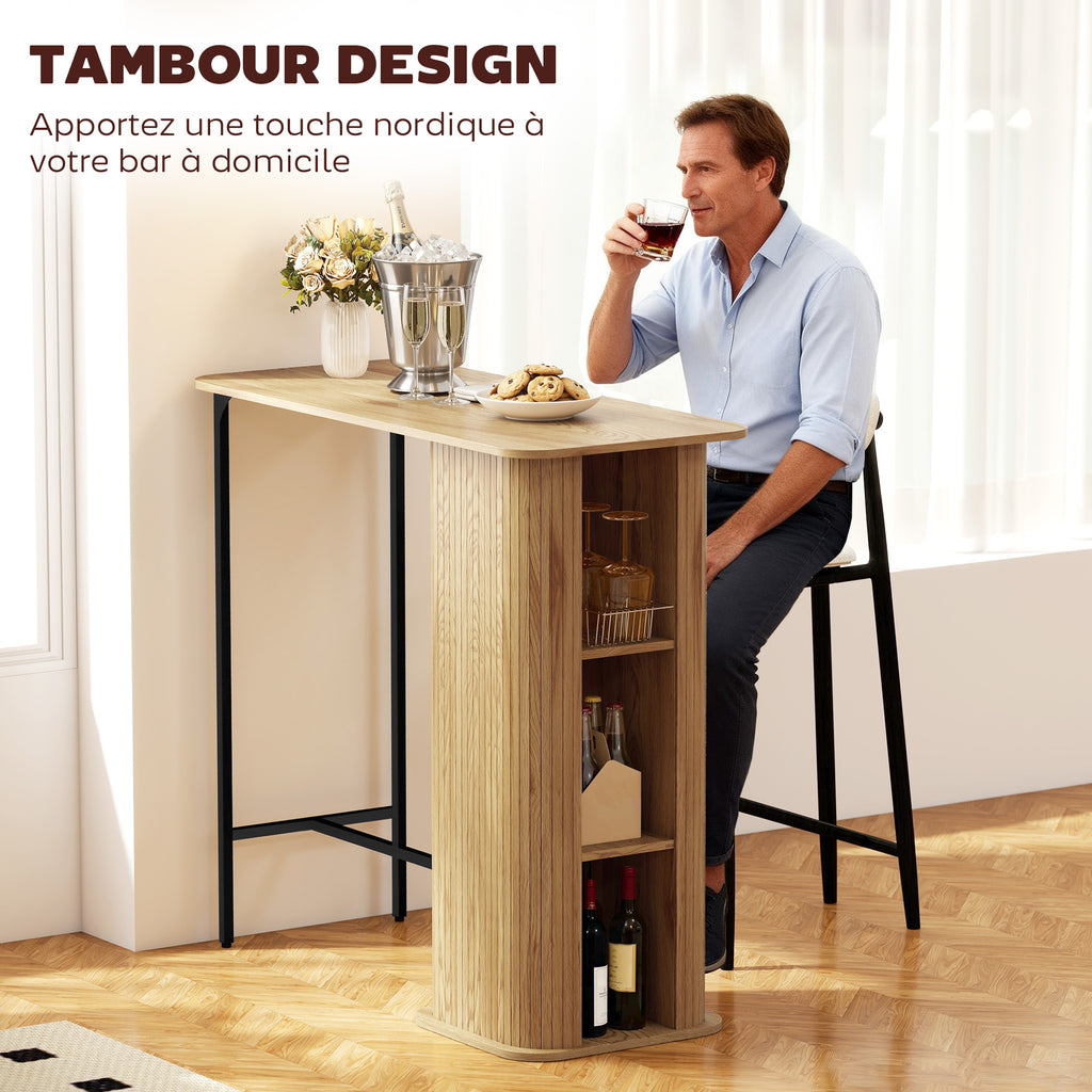 Table Haute Mange Debout, Table de Bar avec 3 Étagères de Rangement et Pieds en Métal, 112x50x106cm, Bois Naturel-4
