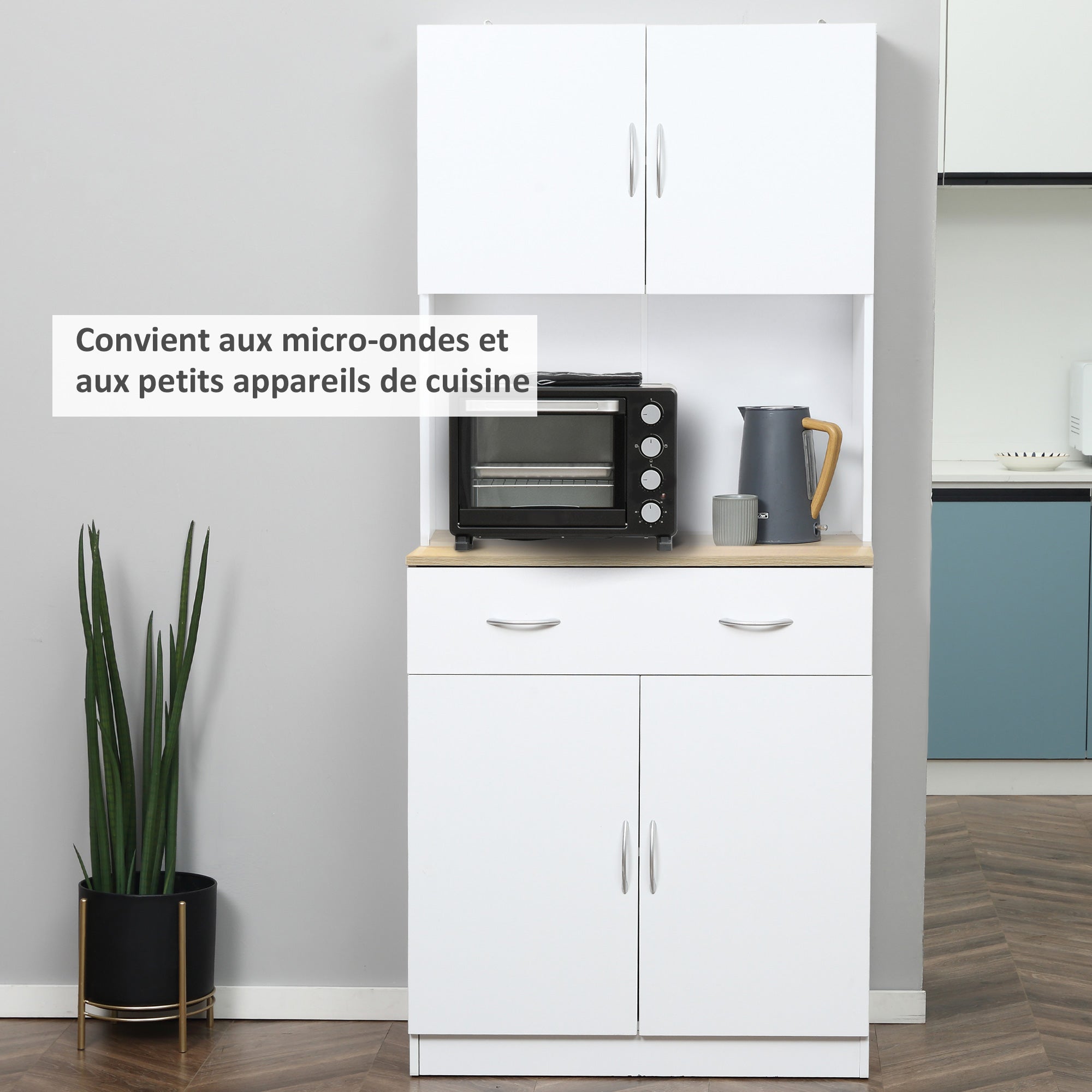 Buffet haut cuisine, armoire de cuisine, 4 portes, tiroir, plan de travail et étagères réglables, 80x40x180cm, blanc-5
