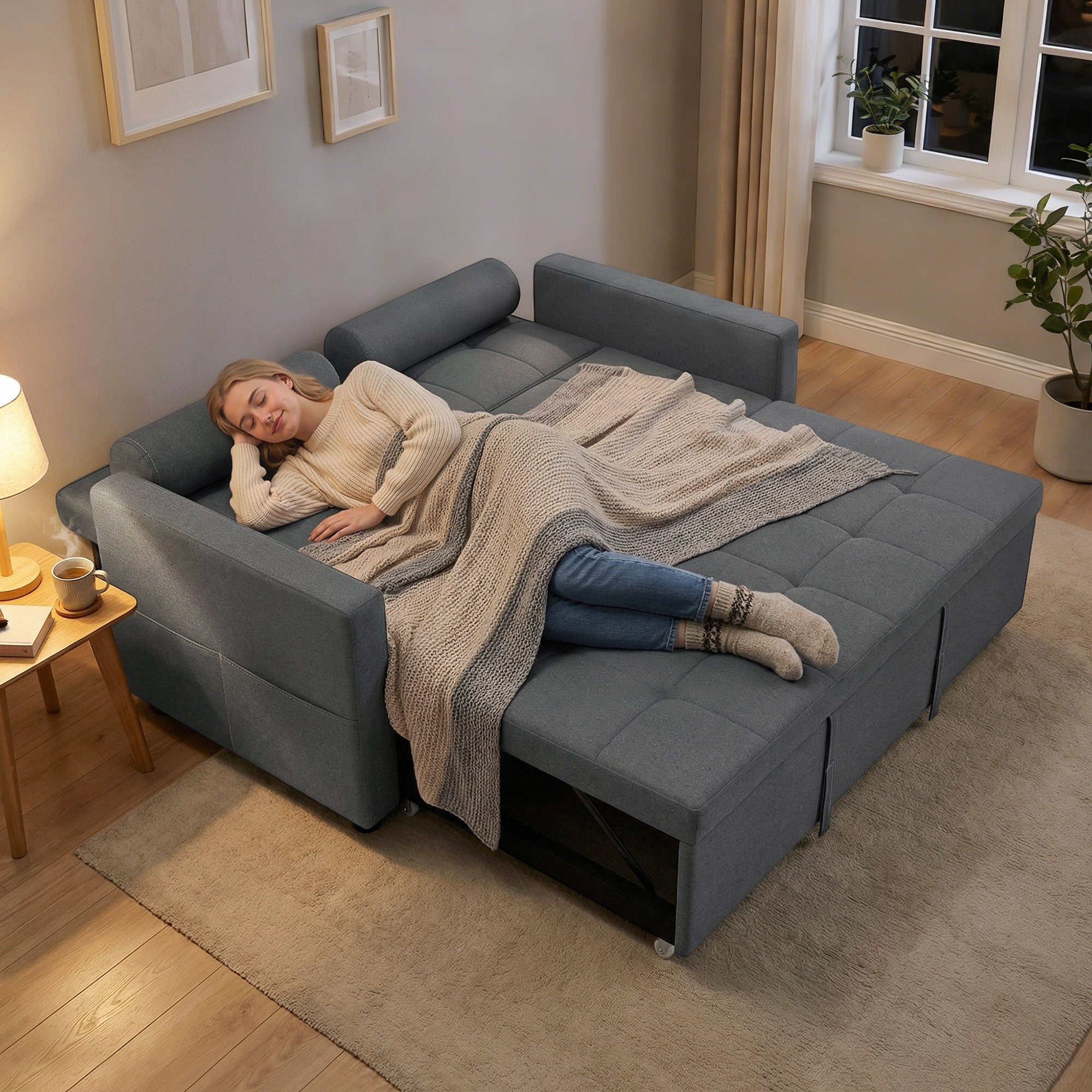 Canapé convertible 2 places 3 en 1 canapé-lit avec lit gigogne double dossier réglable 2 coussins 80,5x137,5x84cm gris-8