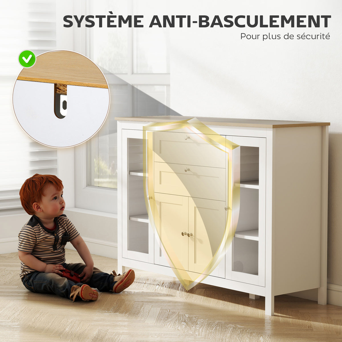 Buffet salon, meuble de rangement avec 1 placard double porte, 2 placards à porte vitrée, 2 tiroirs et étagère réglable, style moderne, buffet salle à manger et cuisine, 120x40x90cm, blanc-6