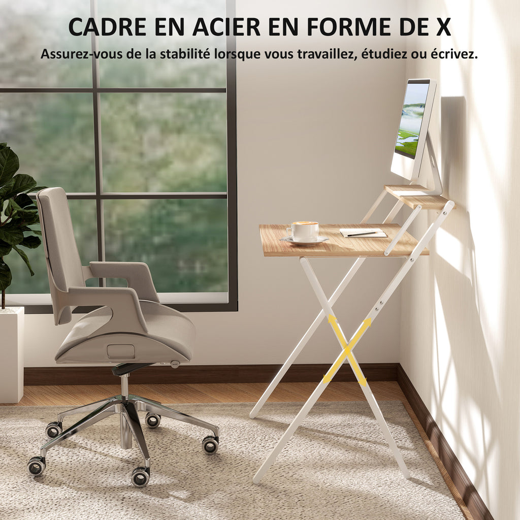 Bureau pliable 65,5 x 45 cm avec étagère de rangement pour chambre, petits espaces, bois naturel-5