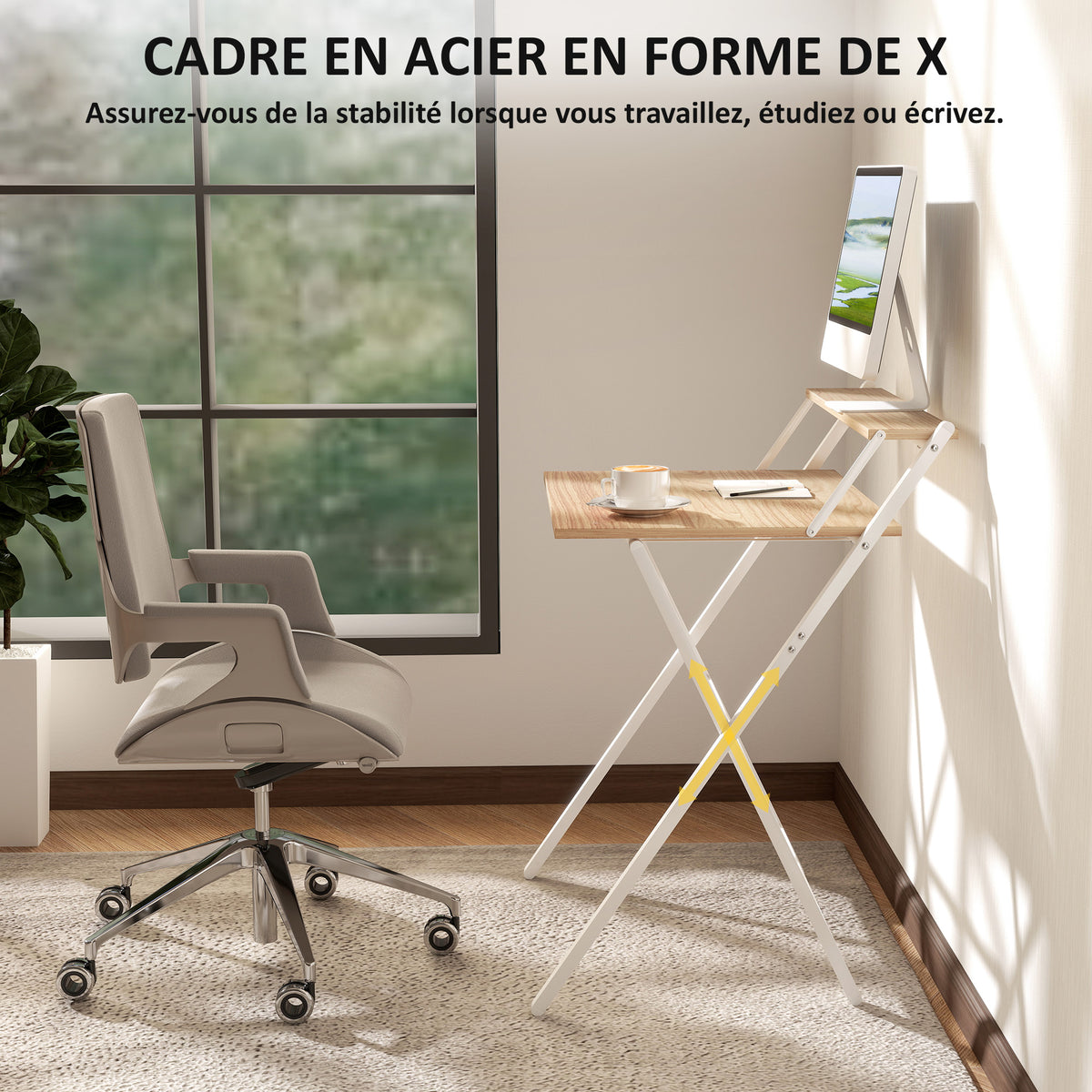 Bureau pliable 65,5 x 45 cm avec étagère de rangement pour chambre, petits espaces, bois naturel-5