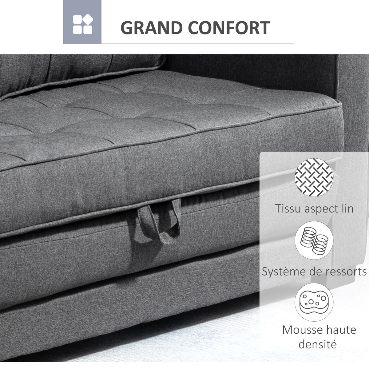 Canapé droit convertible 2 places - dossier capitonné - 147,5 x 75 x 85 cm - gris-5