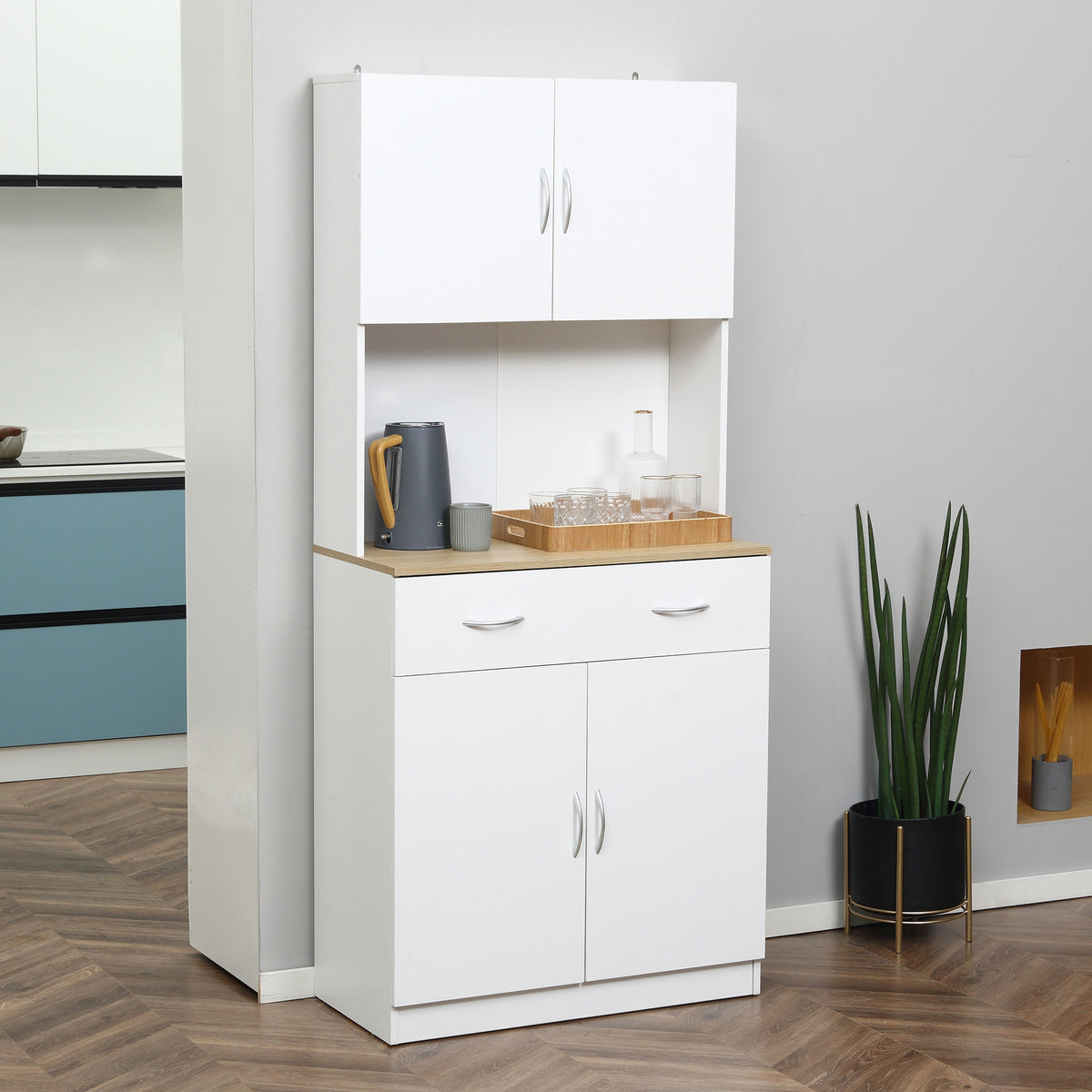 Buffet haut cuisine, armoire de cuisine, 4 portes, tiroir, plan de travail et étagères réglables, 80x40x180cm, blanc-1