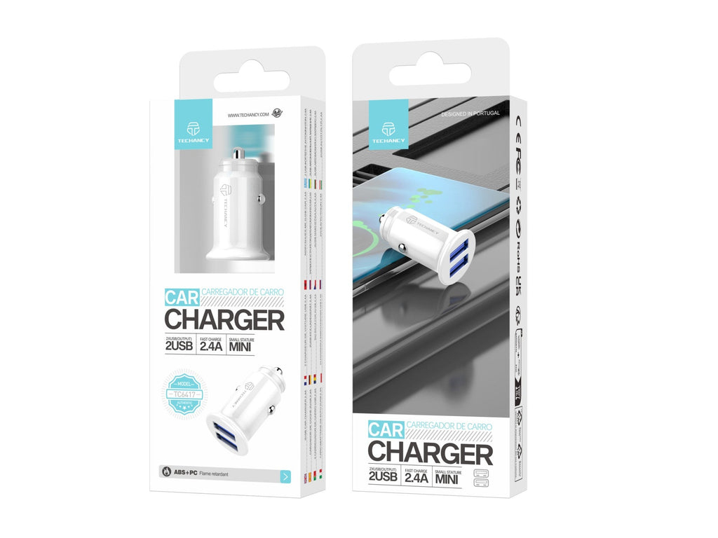 Techancy Carregador De Automóvel Mini  TC6417, Carregamento 2usb 2.4A, Compatível Com Camiões E Automóveis, branco-1