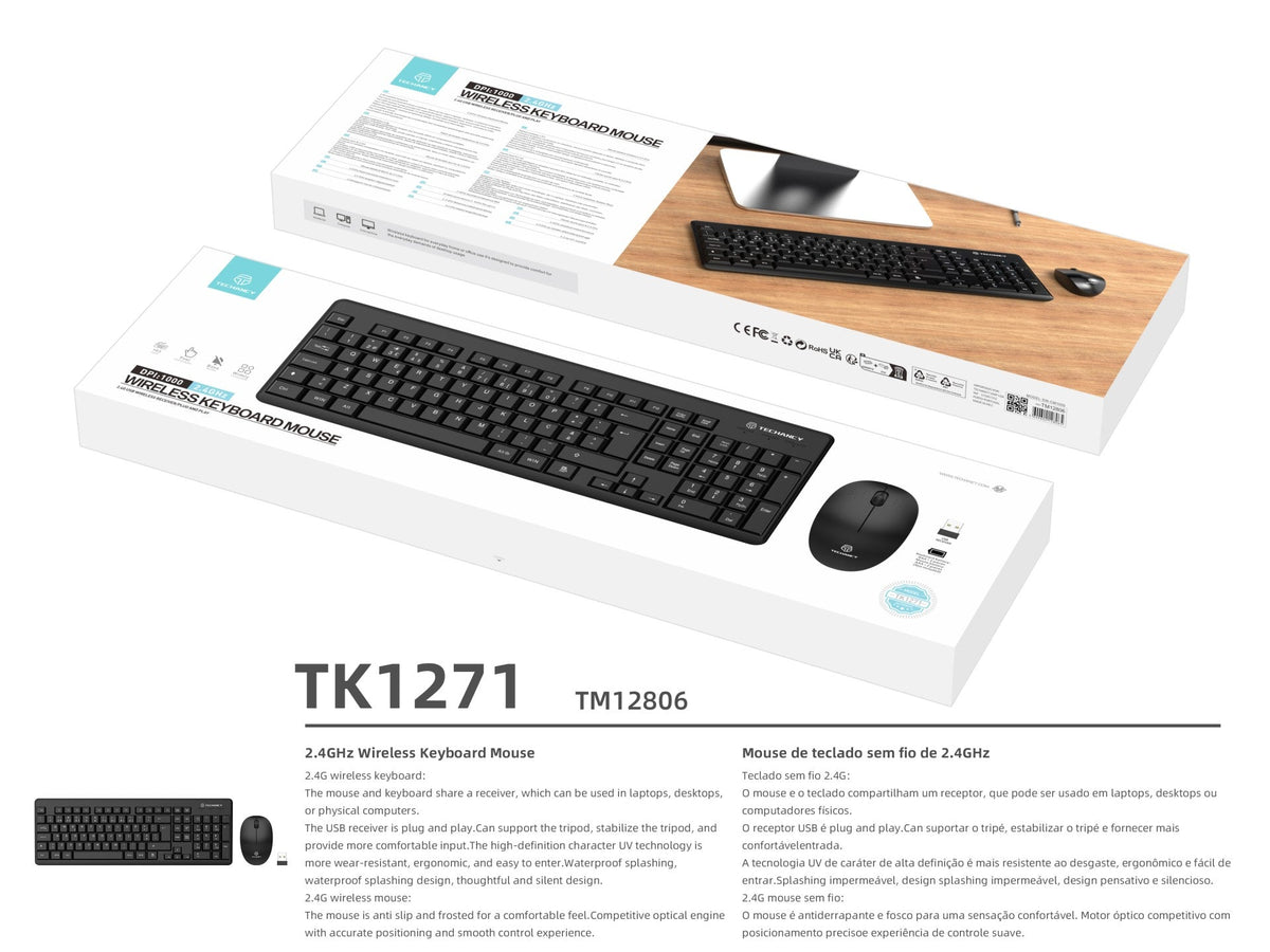 Techancy Kit De Teclado E Rato Sem Fios 2.4g Preto TK1271, Teclas Em Português + Inglês, Teclas De Silêncio Para Escritório-2