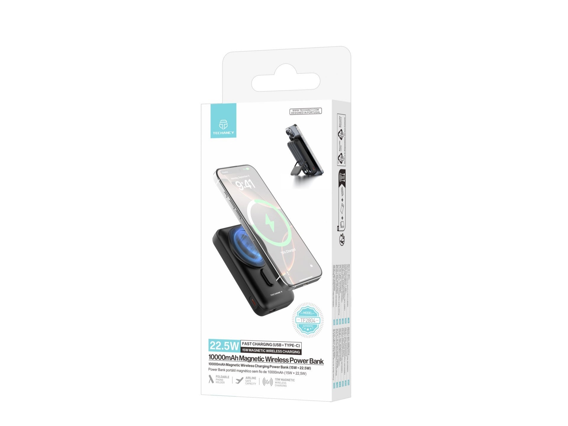 Techancy Power Bank Magnetico Sem Fios 10000mAh TF2804 15W Wireless 22.5W Carregamento Rapido com Suporte para Telemovel e Tablet Preto-3