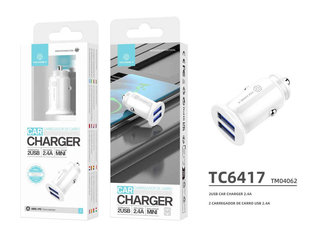 Techancy Carregador De Automóvel Mini  TC6417, Carregamento 2usb 2.4A, Compatível Com Camiões E Automóveis, branco-2