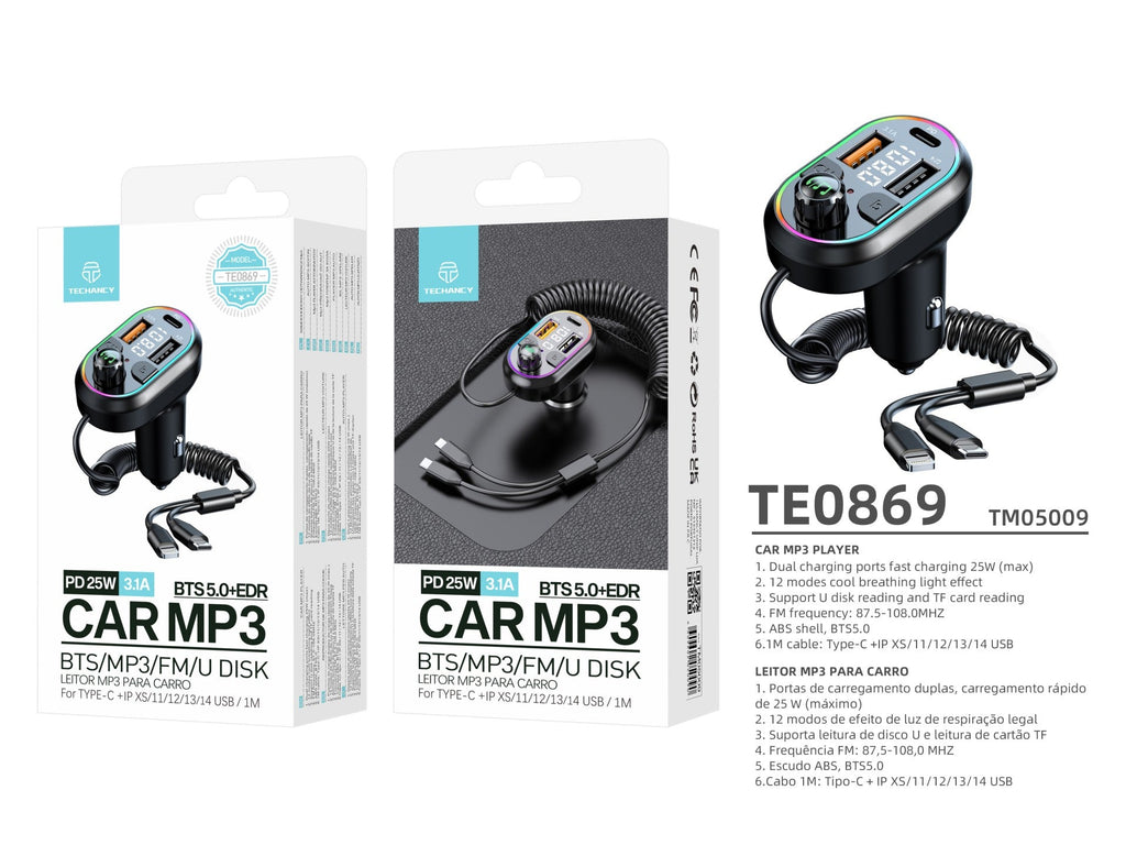 Techancy Leitor De Mp3 Para Automóvel  TE0869, Cabo 2 Em 1, Carregamento Rápido Pd25w, Efeito De Luz Fria-3