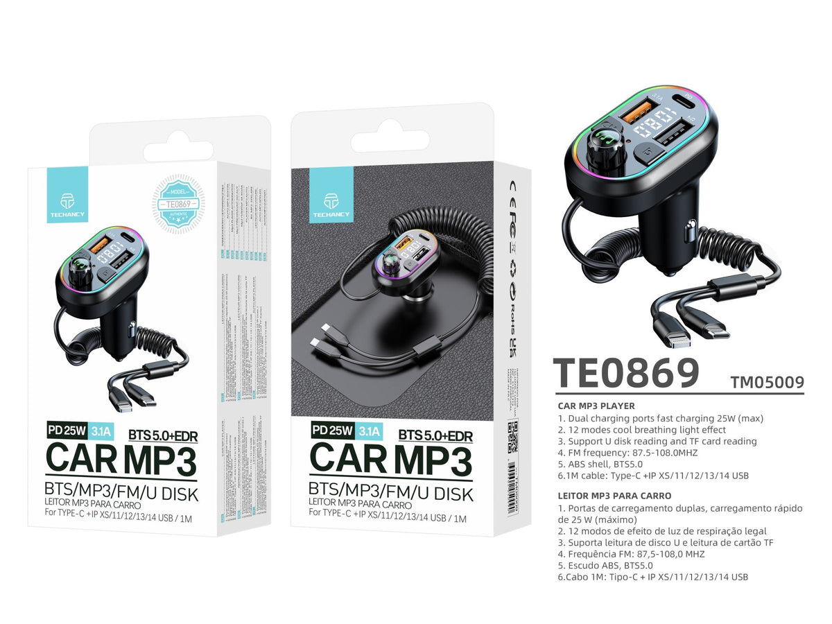 Techancy Leitor De Mp3 Para Automóvel  TE0869, Cabo 2 Em 1, Carregamento Rápido Pd25w, Efeito De Luz Fria-3