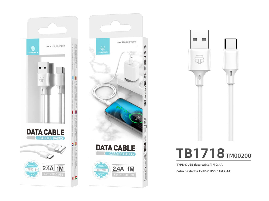Techancy Cabo De Dados Usb-Tipo C 1M Branco TB1725, Carregamento De 2,4 A, Compatível Com Telemóveis Tipo C-2