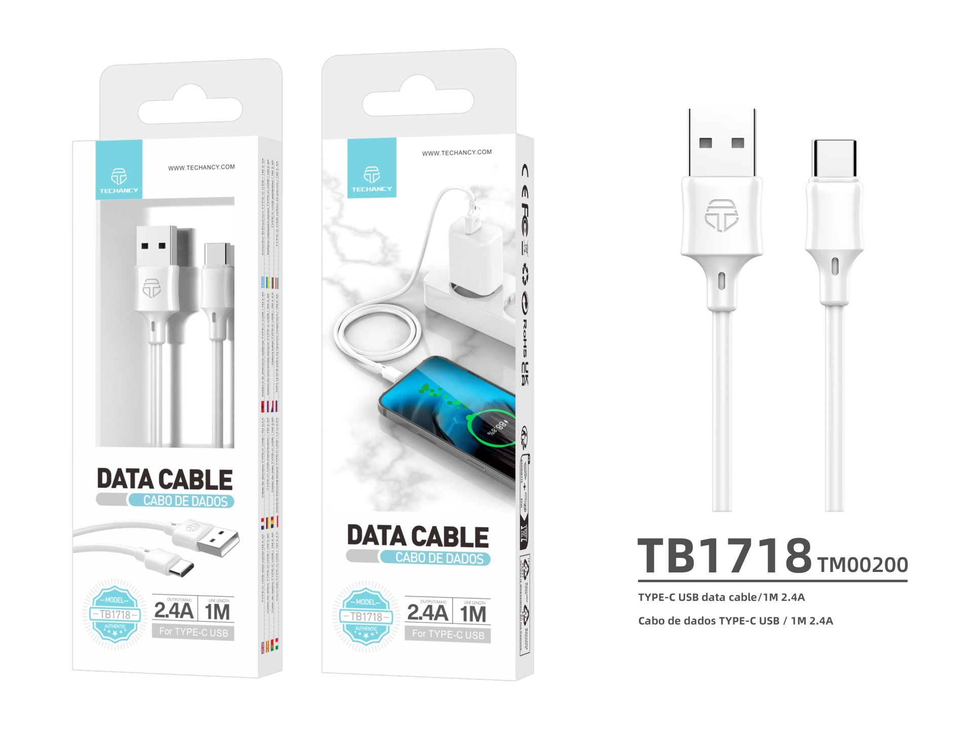 Techancy Cabo De Dados Usb-Tipo C 1M Branco TB1725, Carregamento De 2,4 A, Compatível Com Telemóveis Tipo C-2