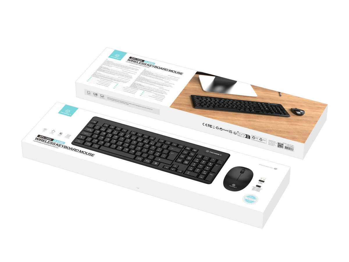 Techancy Kit De Teclado E Rato Sem Fios 2.4g Preto TK1271, Teclas Em Português + Inglês, Teclas De Silêncio Para Escritório-1