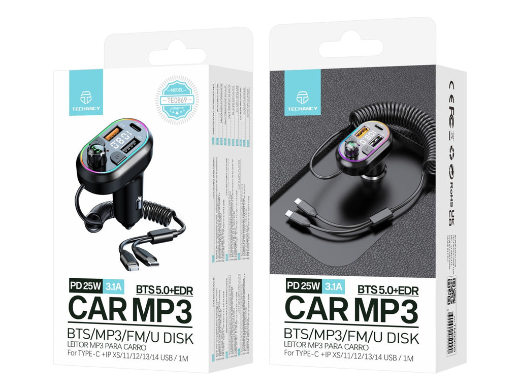 Techancy Leitor De Mp3 Para Automóvel  TE0869, Cabo 2 Em 1, Carregamento Rápido Pd25w, Efeito De Luz Fria-2