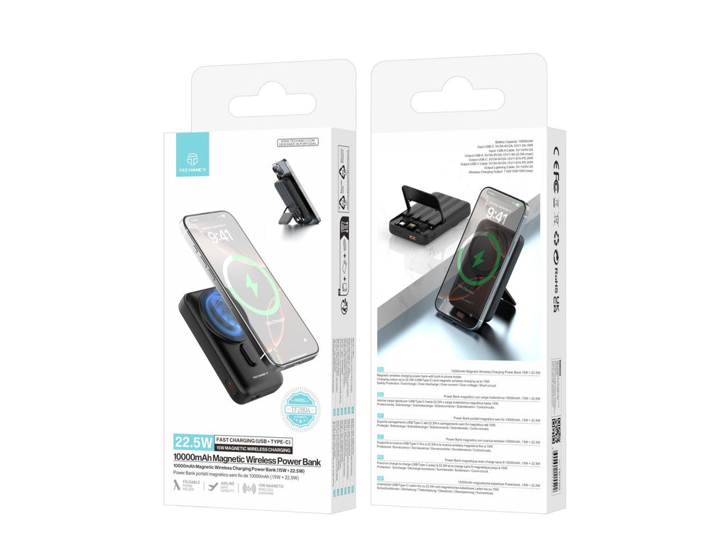 Techancy Power Bank Magnetico Sem Fios 10000mAh TF2804 15W Wireless 22.5W Carregamento Rapido com Suporte para Telemovel e Tablet Preto-4