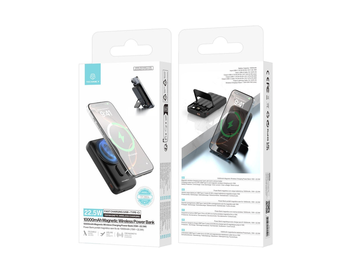 Techancy Power Bank Magnetico Sem Fios 10000mAh TF2804 15W Wireless 22.5W Carregamento Rapido com Suporte para Telemovel e Tablet Preto-4