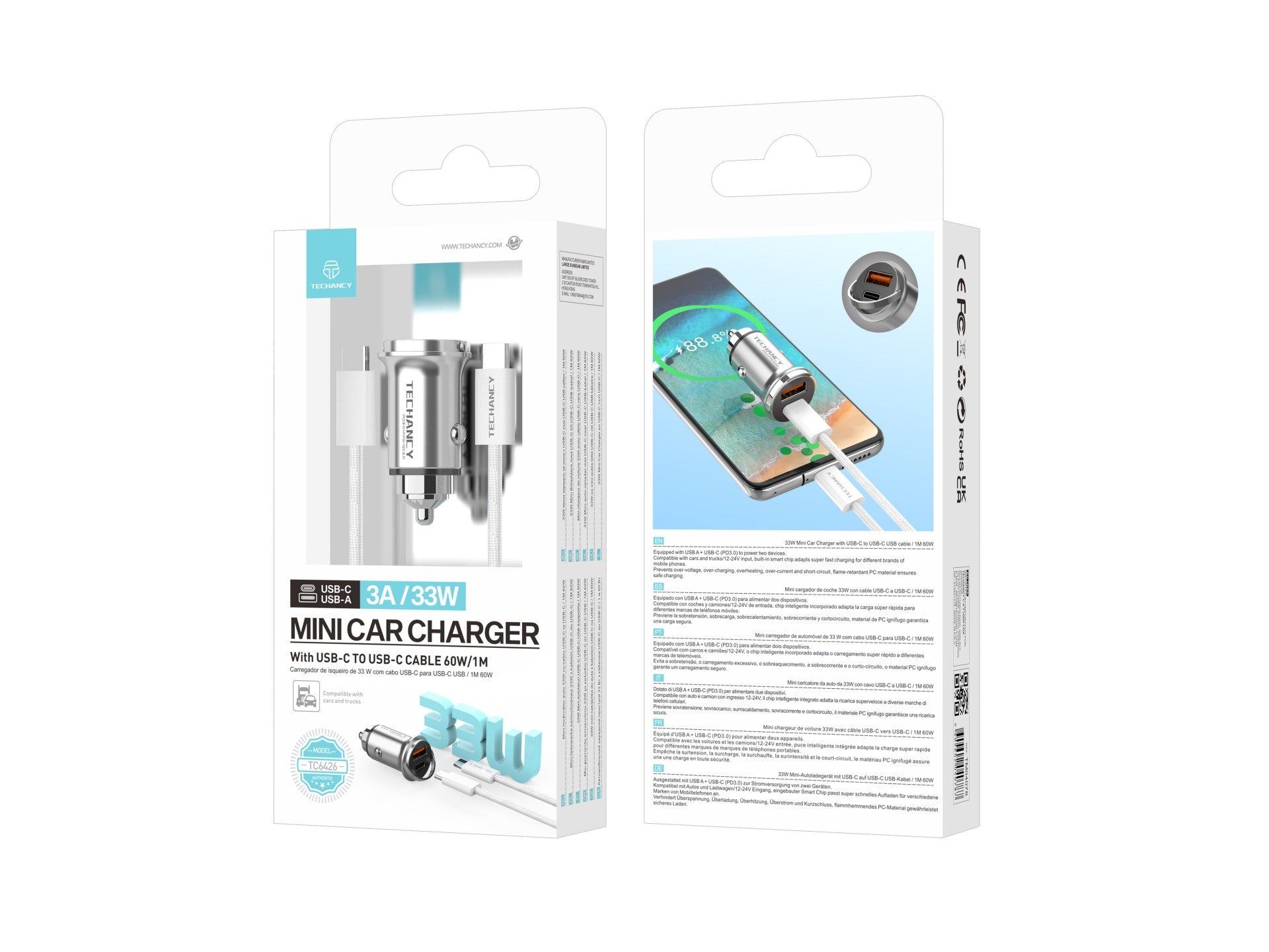 Techancy Mini Carregador TC6426, 33W, USB-A+USB-C, com Cabo USB-C para USB-C de 1m, Liga de AlumInio, Seguro e Confiavel-4