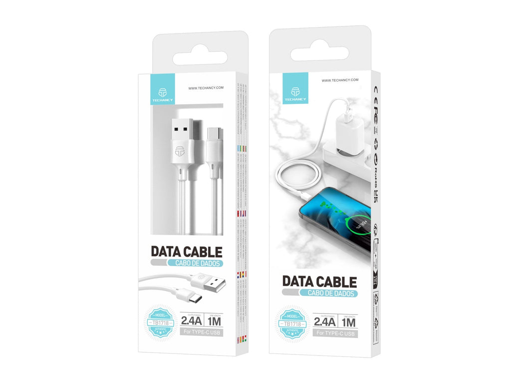 Techancy Cabo De Dados Usb-Tipo C 1M Branco TB1725, Carregamento De 2,4 A, Compatível Com Telemóveis Tipo C-1