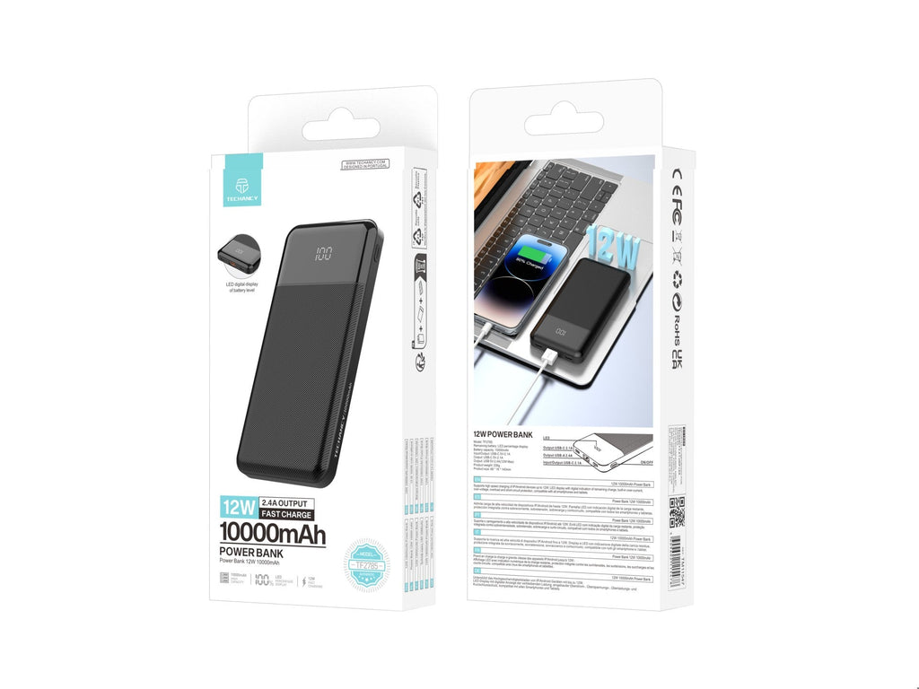 Techancy Power Bank TF2785 10000mAh Carregamento Rápido 12W Saída 2.4A Ecrã LED Compatível com iPhone/Android Proteção Inteligente Preto-4