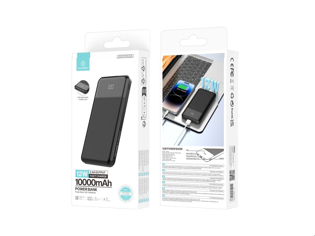 Techancy Power Bank TF2785 10000mAh Carregamento Rápido 12W Saída 2.4A Ecrã LED Compatível com iPhone/Android Proteção Inteligente Preto-4