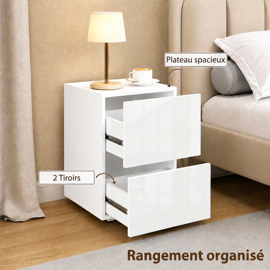 Lot de 2 Tables de Chevet, Tables d'Appoint avec 2 Tiroirs, Façades à Haute Brillance, Plateau Large, 40x40x58cm, Blanc-3