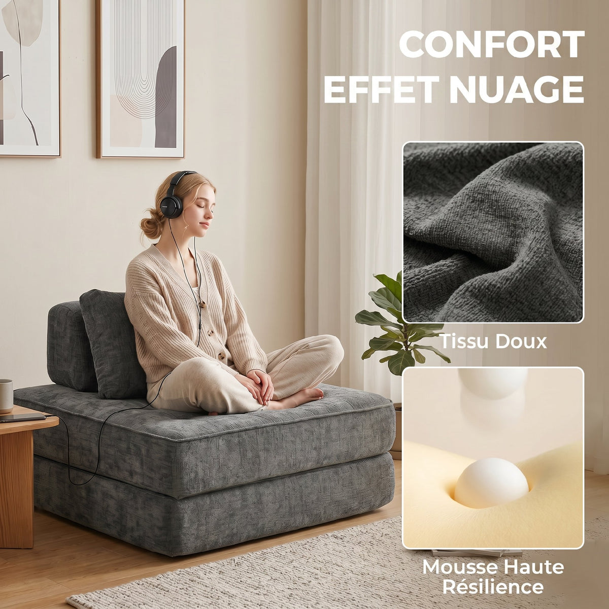 Canapé-lit pliant 2 en 1, chauffeuse 1 place, convertible en chenille, coussin épais, dossier et oreiller, gris-4