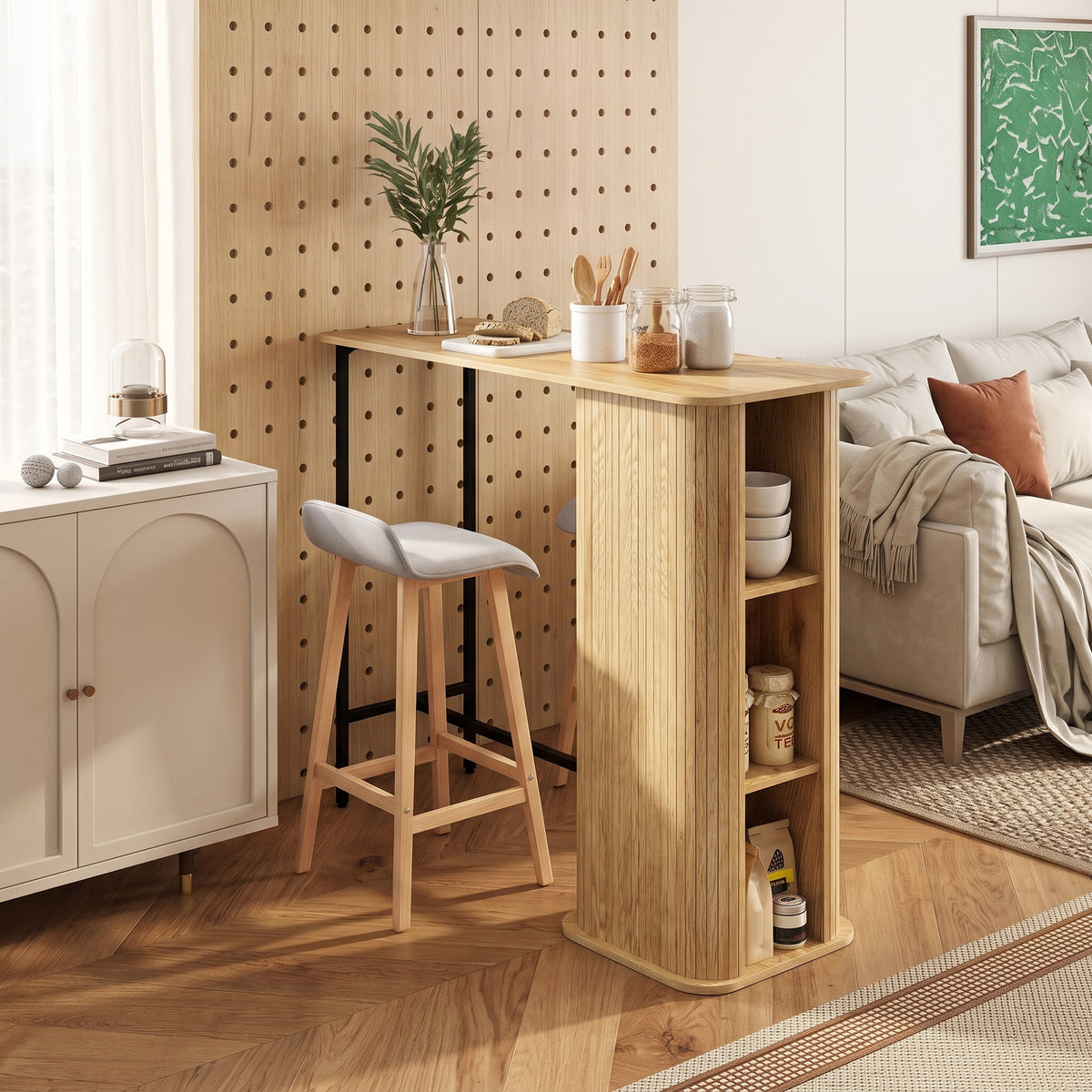 Table Haute Mange Debout, Table de Bar avec 3 Étagères de Rangement et Pieds en Métal, 112x50x106cm, Bois Naturel-1