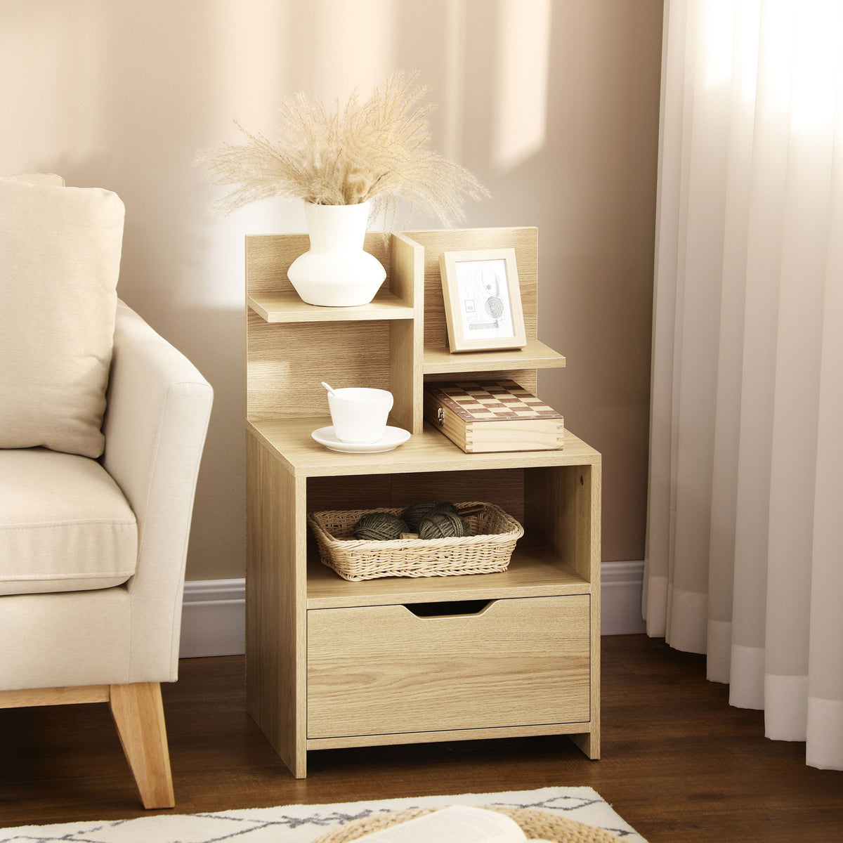 Table de chevet table de nuit avec tiroir, niche et étagères de rangement effet bois 45 x 35 x 73 cm naturel-7