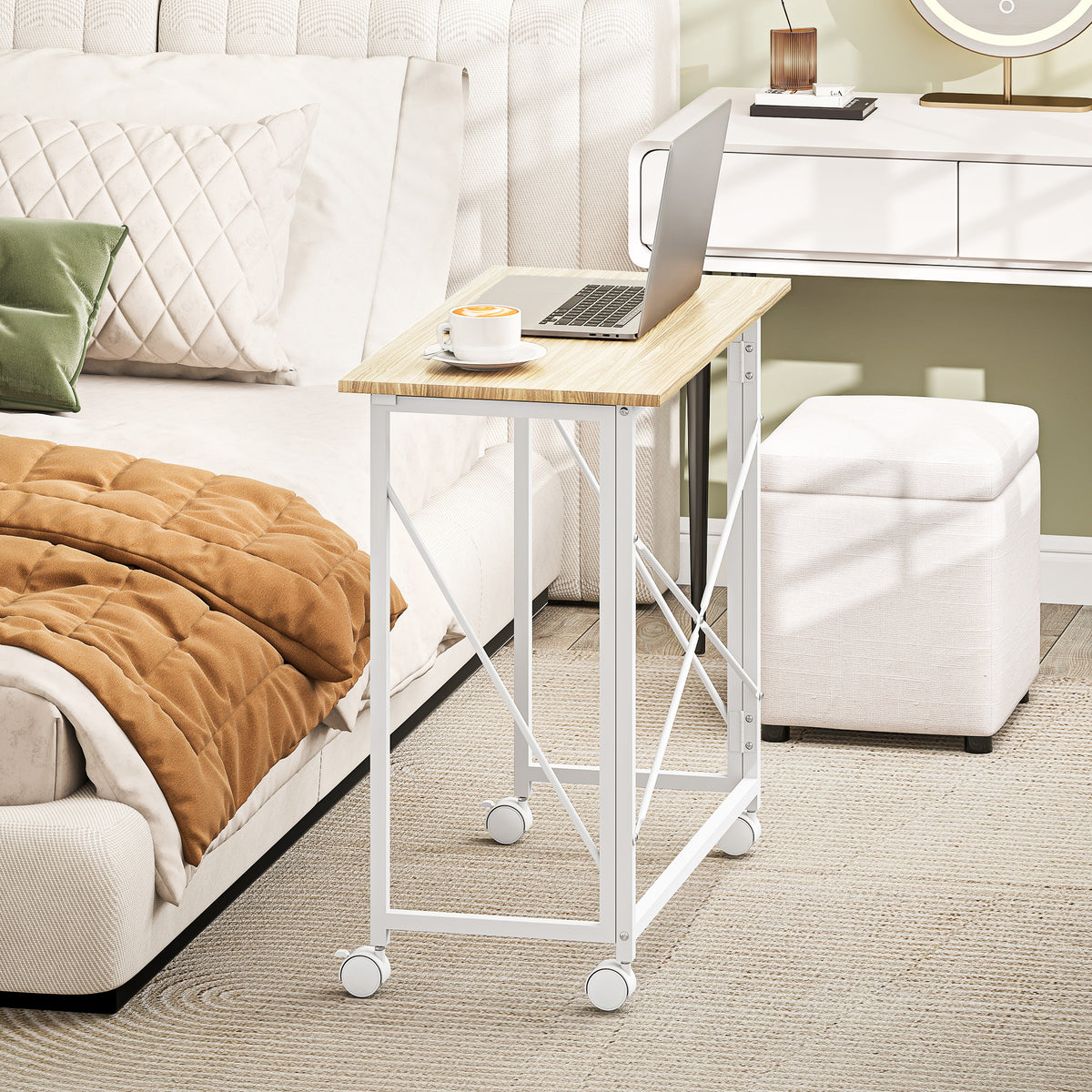 Bureau pliant table d'ordinateur 80 x 40 cm sur roulettes pour bureau à domicile, chambre, petits espaces, chêne-6