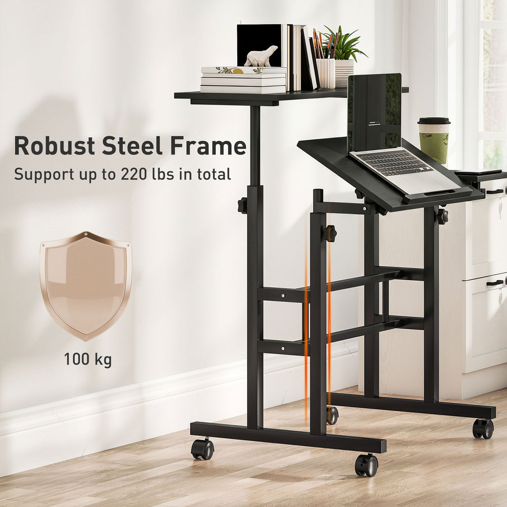 Bureau assis debout bureau réglable en hauteur 70 x 60 cm à roulettes avec plateau inclinable cadre en métal noir-8