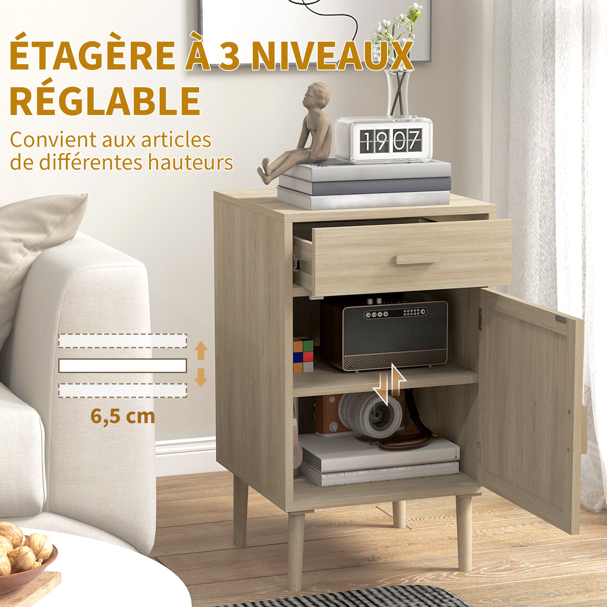 Lot de 2 tables de chevet, tables de nuit avec tiroir et placard, étagère réglable, 40 x 40 x 68,5 cm, chêne-5