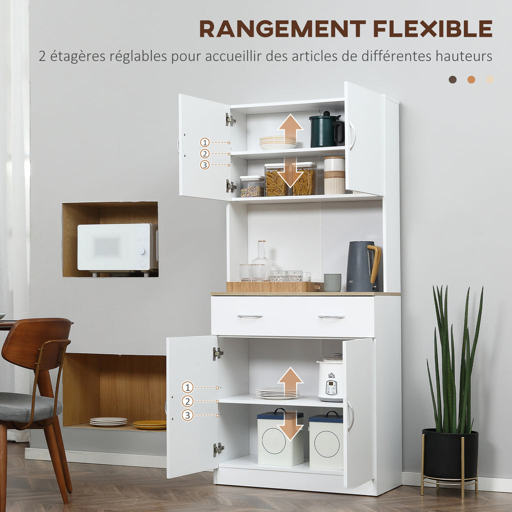 Buffet haut cuisine, armoire de cuisine, 4 portes, tiroir, plan de travail et étagères réglables, 80x40x180cm, blanc-4
