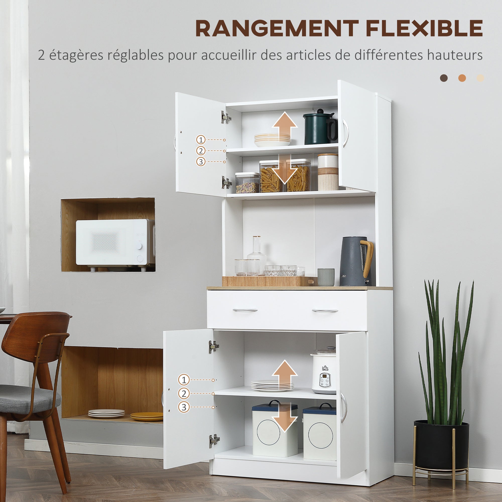 Buffet haut cuisine, armoire de cuisine, 4 portes, tiroir, plan de travail et étagères réglables, 80x40x180cm, blanc-4