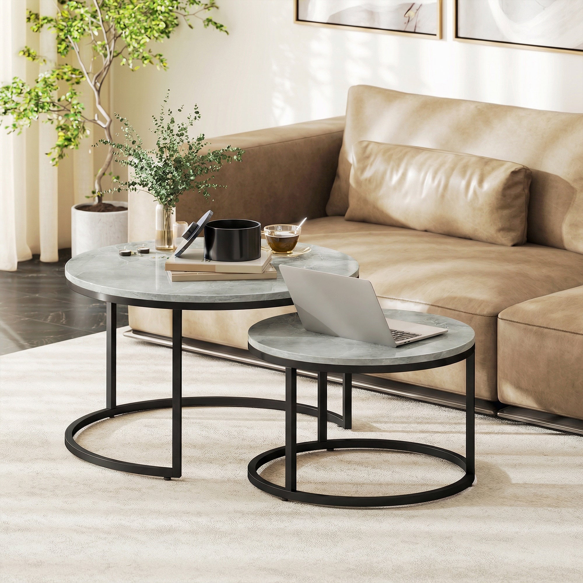 Lot de 2 tables basses gigognes empilable design industriel pieds en métal gris-1