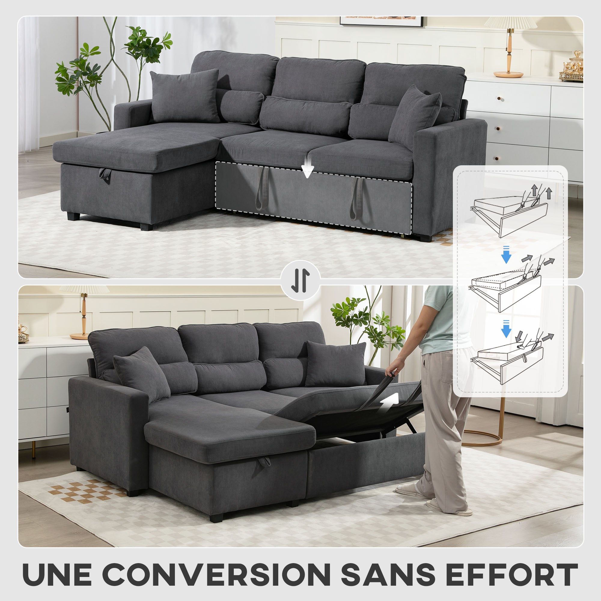 Canapé d'angle convertible en velours côtelé, canapé-lit 3 places avec rangement caché, coussins, 205x135x76cm, gris-4