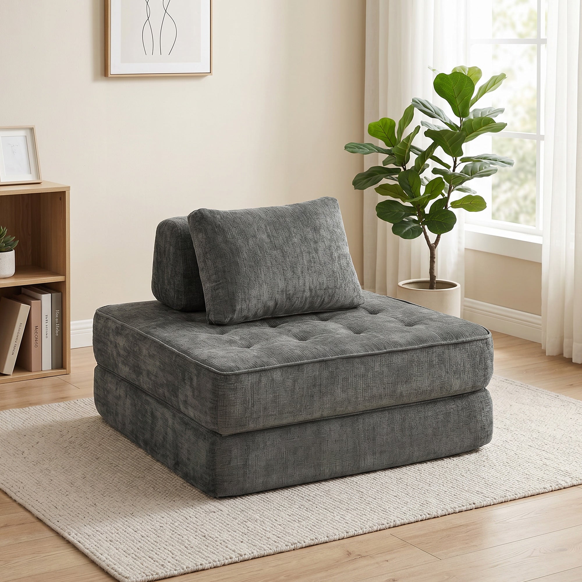 Canapé-lit pliant 2 en 1, chauffeuse 1 place, convertible en chenille, coussin épais, dossier et oreiller, gris-1