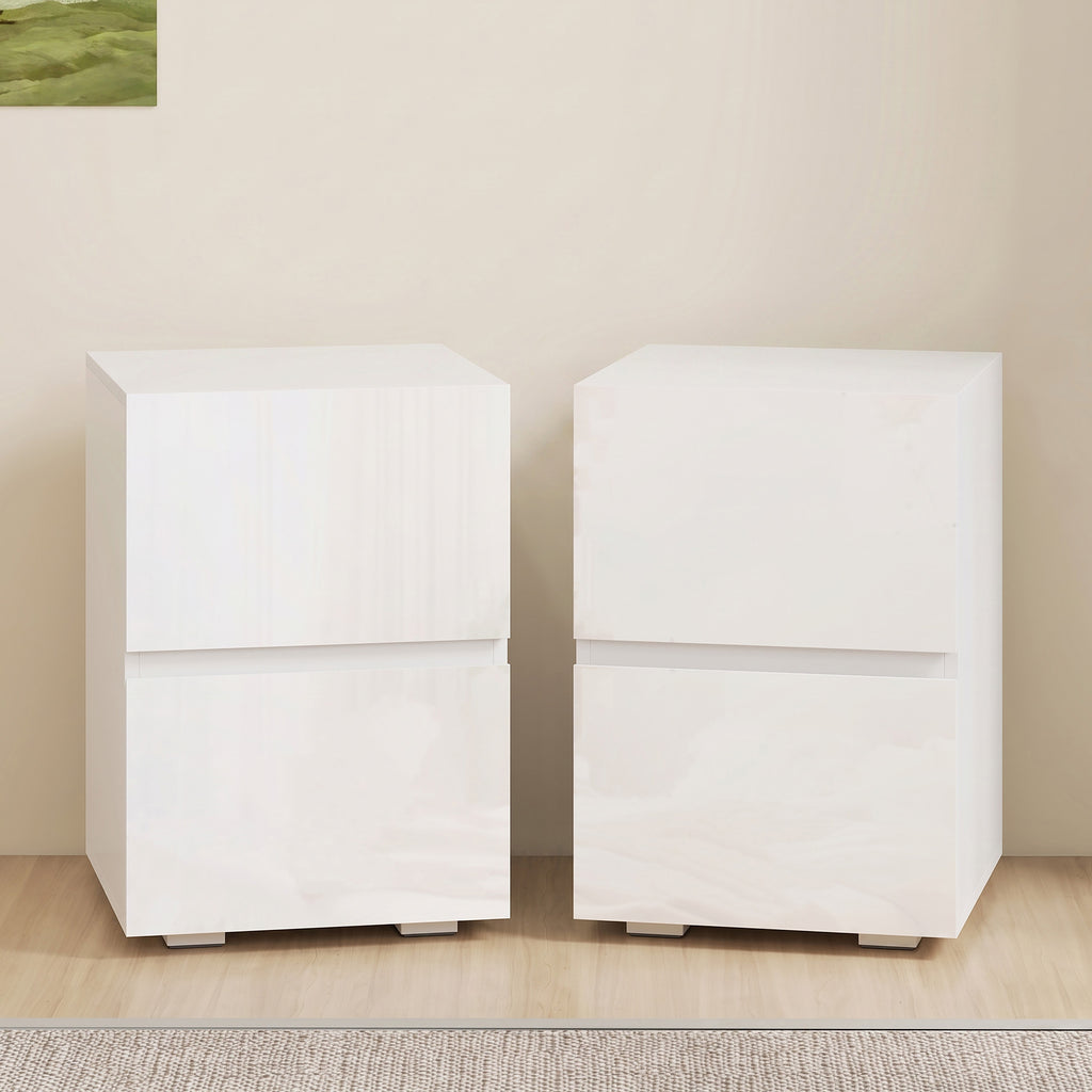 Lot de 2 Tables de Chevet, Tables d'Appoint avec 2 Tiroirs, Façades à Haute Brillance, Plateau Large, 40x40x58cm, Blanc-1