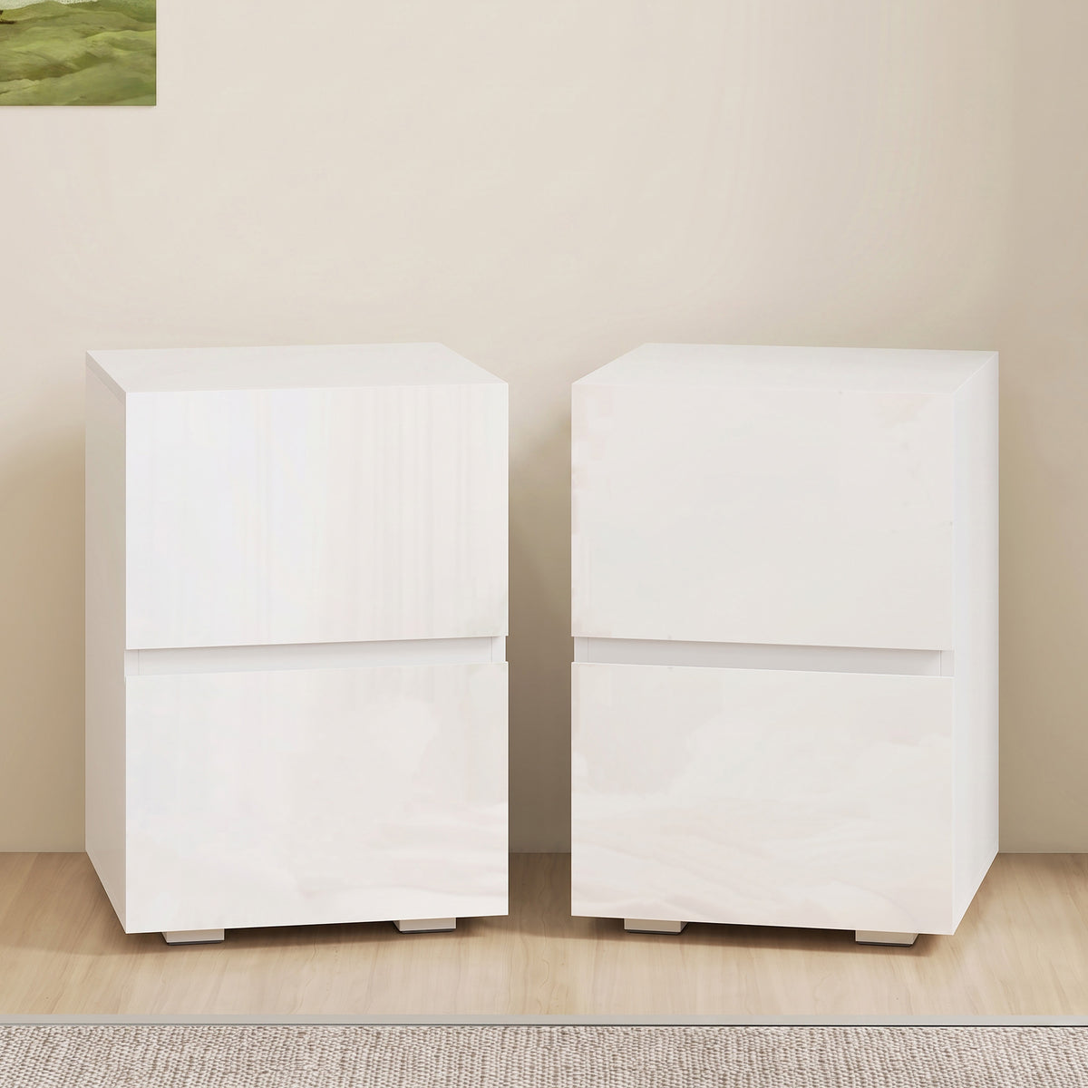 Lot de 2 Tables de Chevet, Tables d'Appoint avec 2 Tiroirs, Façades à Haute Brillance, Plateau Large, 40x40x58cm, Blanc-1