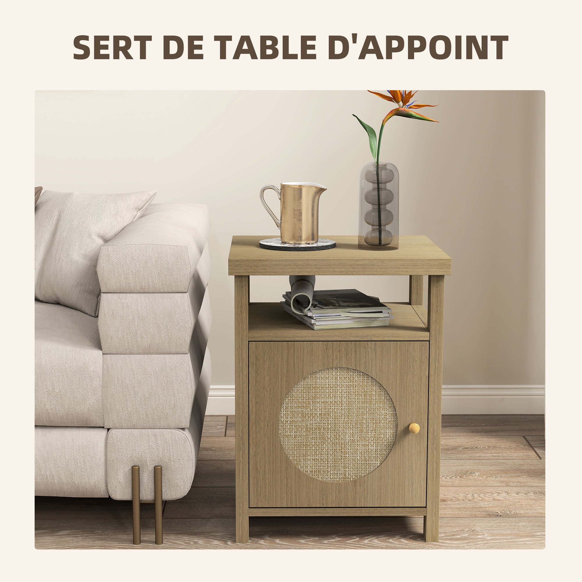 Lot de 2 tables de chevet étroite table d'appoint compartiment ouvert placard finition en rotin, 40 x 35 x 55 cm marron-6